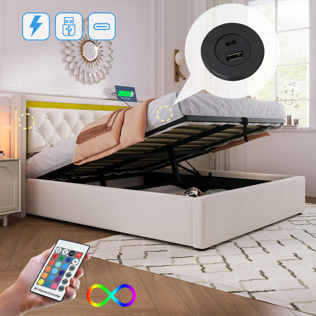 POLSTERBETT 140/200 cm Beige mit LED-Beleuchtung und USB-Typ-C-Ladefunktion - Beige, Textil (140/200cm) - OKWISH