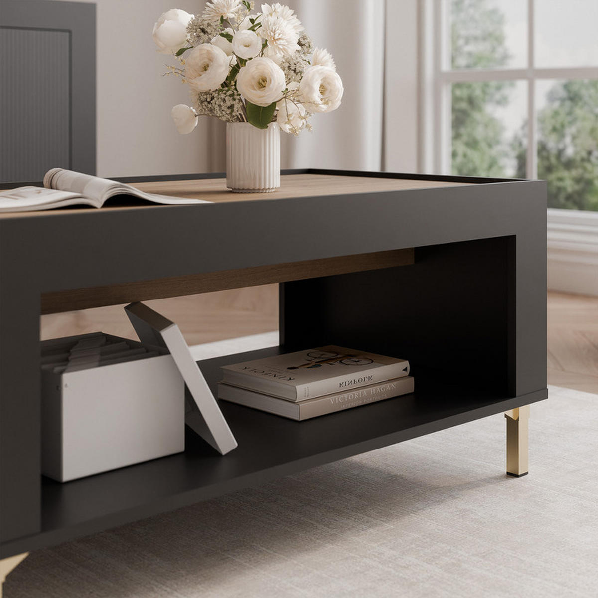 COUCHTISCH AVENA 97/56/47 cm Rechteckig, Schwarz/Eiche - Schwarz, Holzwerkstoff/Metall (56/97/47cm) - Idohome