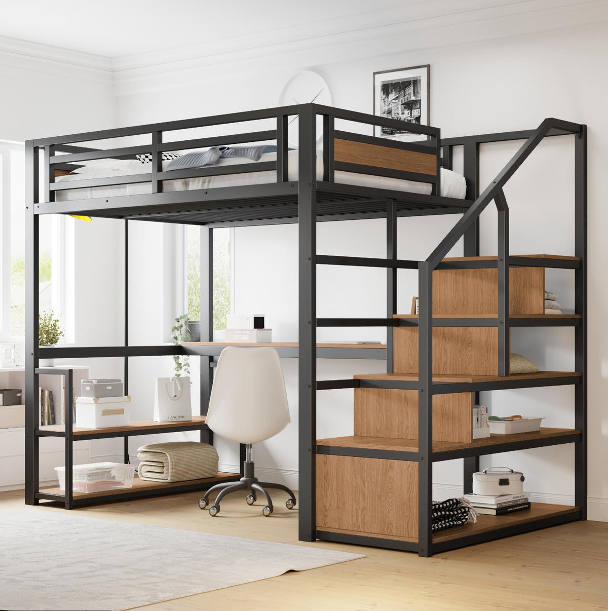 HOCHBETT 140/200 cm aus Metall und MDF mit Leiterregal und Schreibtisch Schwarz - Schwarz, Metall (140/200cm) - Modenvie