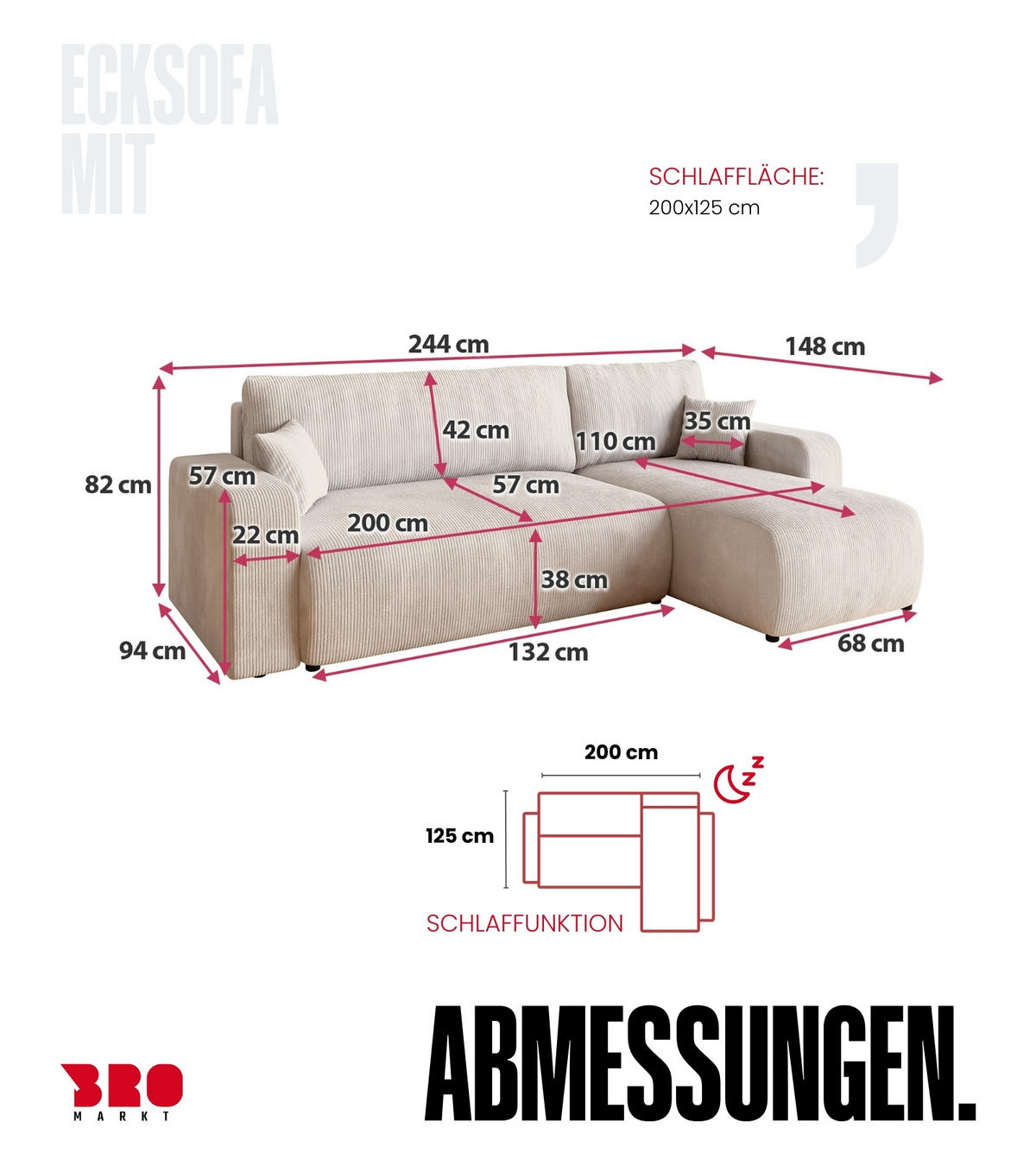 ECKSOFA PUMI mit Schlaffunktion Vanille Cord - Creme, Textil (244/148cm) - Bromarkt
