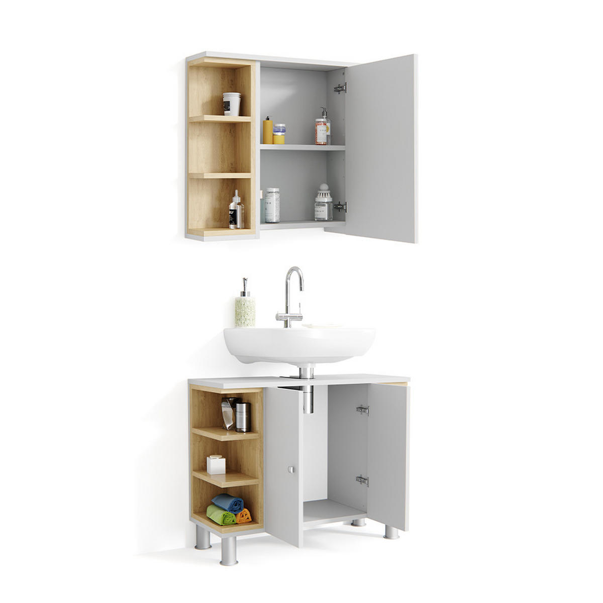 BADMÖBEL-SET Aquis Weiß 2 Teile - Weiß/Sonoma Eiche, Holzwerkstoff (79.6/64/32cm) - Vicco