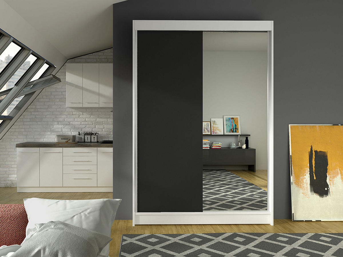 SCHWEBETÜRENSCHRANK Lino I - Schwarz/Weiß, Holzwerkstoff/Metall (120/200/58cm) - MIRJAN24