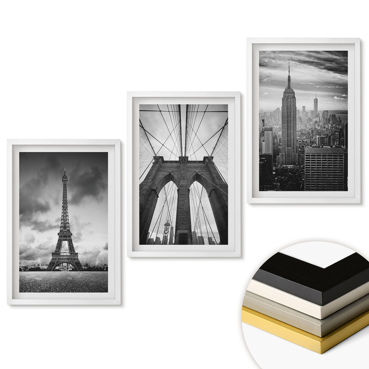 WANDBILDER 3er-Set - 40x60 cm Weißer Rahmen - Monochromatische Brückentürme - Weiß, Kunststoff (40/60cm) - ArtPrintCave
