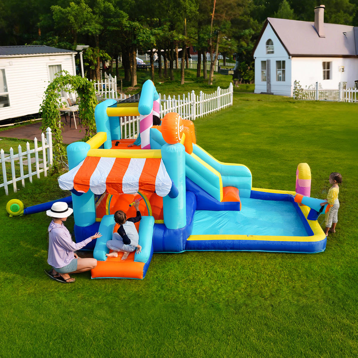 HÜPFBURG Kinder Wasserpark Trampolin Rutsche Wasserpistole - Blau, Textil (395/340/236cm) - FLIEKS