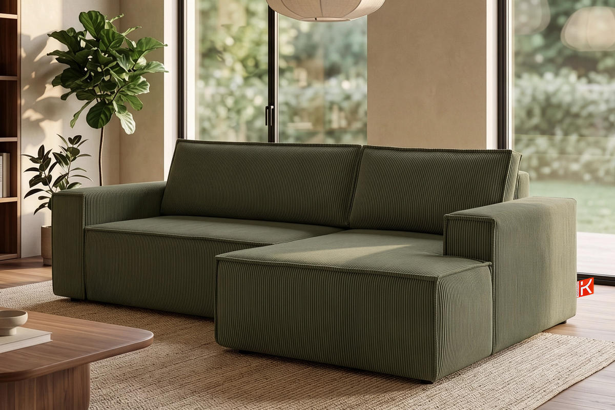 ECKSCHLAFSOFA-RECHTS NAPI in Pet Friendly Cord-Stoff, oliv - Schwarz/Olivgrün, Textil (262/148cm) - KONSIMO®