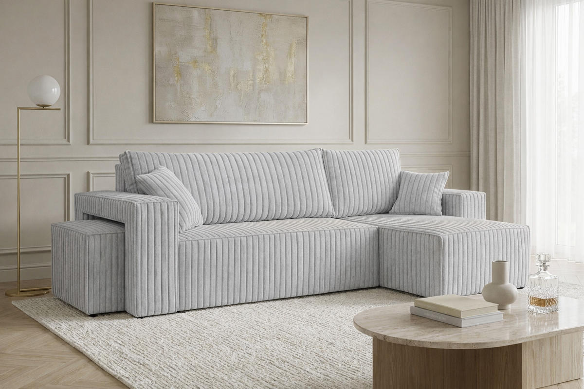ECKSOFA Mit Schlaffunktion Und Pouf, Cordstoff Tilia, Grau, Rechts, Best L Mit Pouf - Grau, Holz (244/145cm) - Kaiser Möbel
