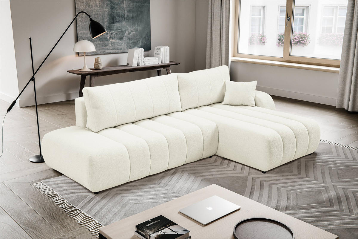 ECKSOFA GIOIA R-S Creme Boucle-Stoff mit Schlaffunktion - Creme, Holz (276/176cm) - MASSENO