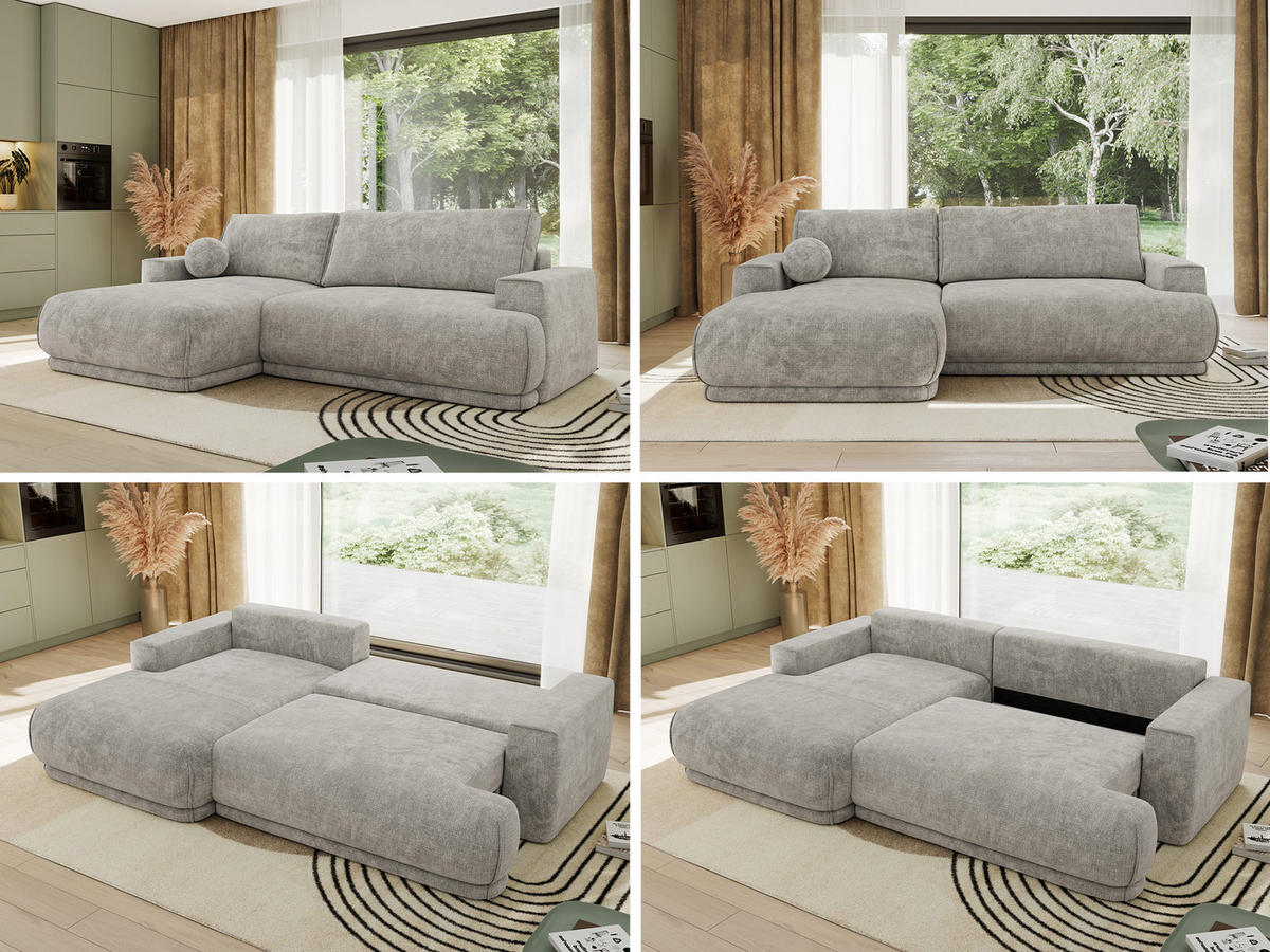 ECKSCHLAFSOFA RINA L Hellgrau Schenille grob gewebt - links - Hellgrau/Schwarz, Kunststoff/Textil (267/170cm) - MKS