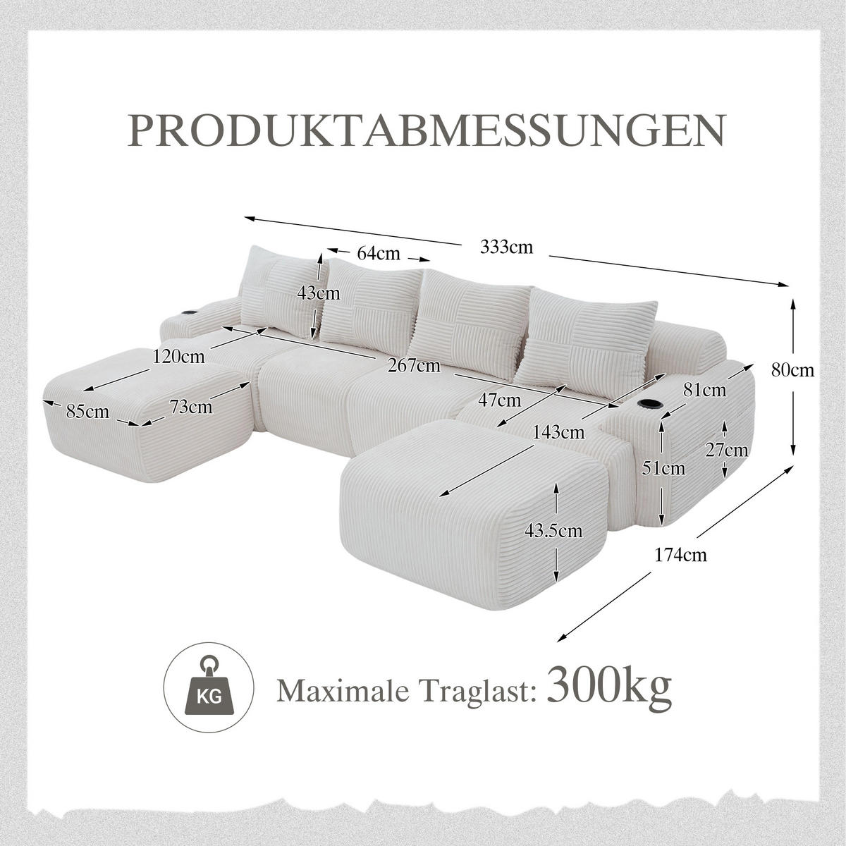 WOHNLANDSCHAFT Cord 4-Sitzer mit 2 Hockern und Getränkehalter 333/174/80 cm Beige - Beige, Textil (174/80/333cm) - Redom