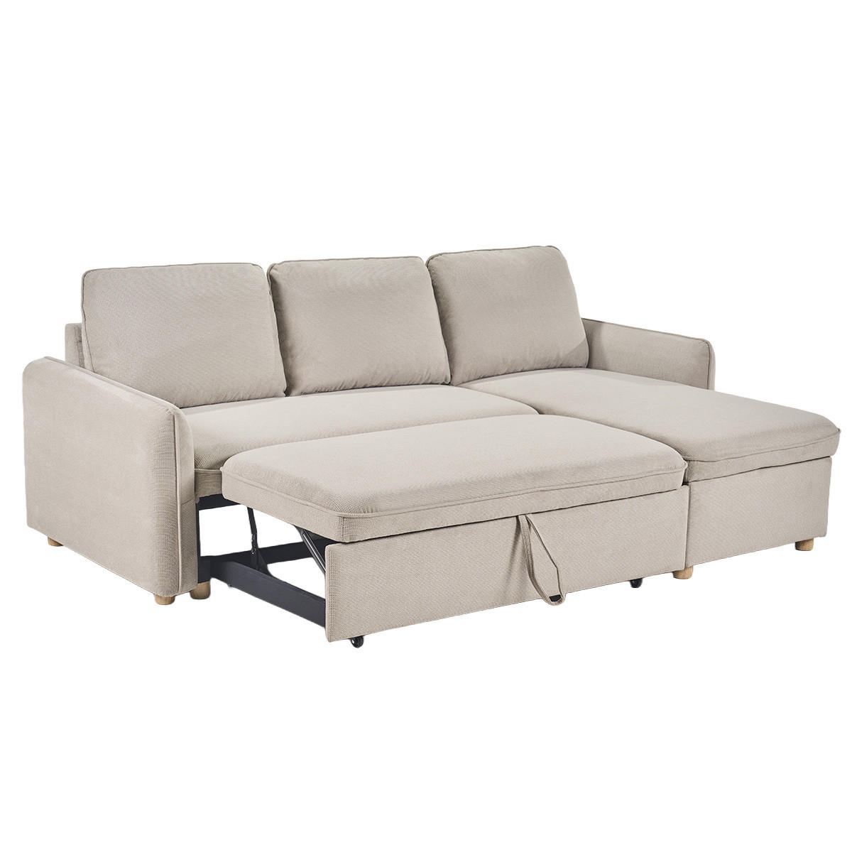 ECKSOFA mit umkehrbarer Schlaffunktion und Stauraum, 3-Sitzer in strukturiertem Samt-Optik Stoff beige und hellem Holz ORSO - Beige, Textil (139.5/83/212cm) - Miliboo