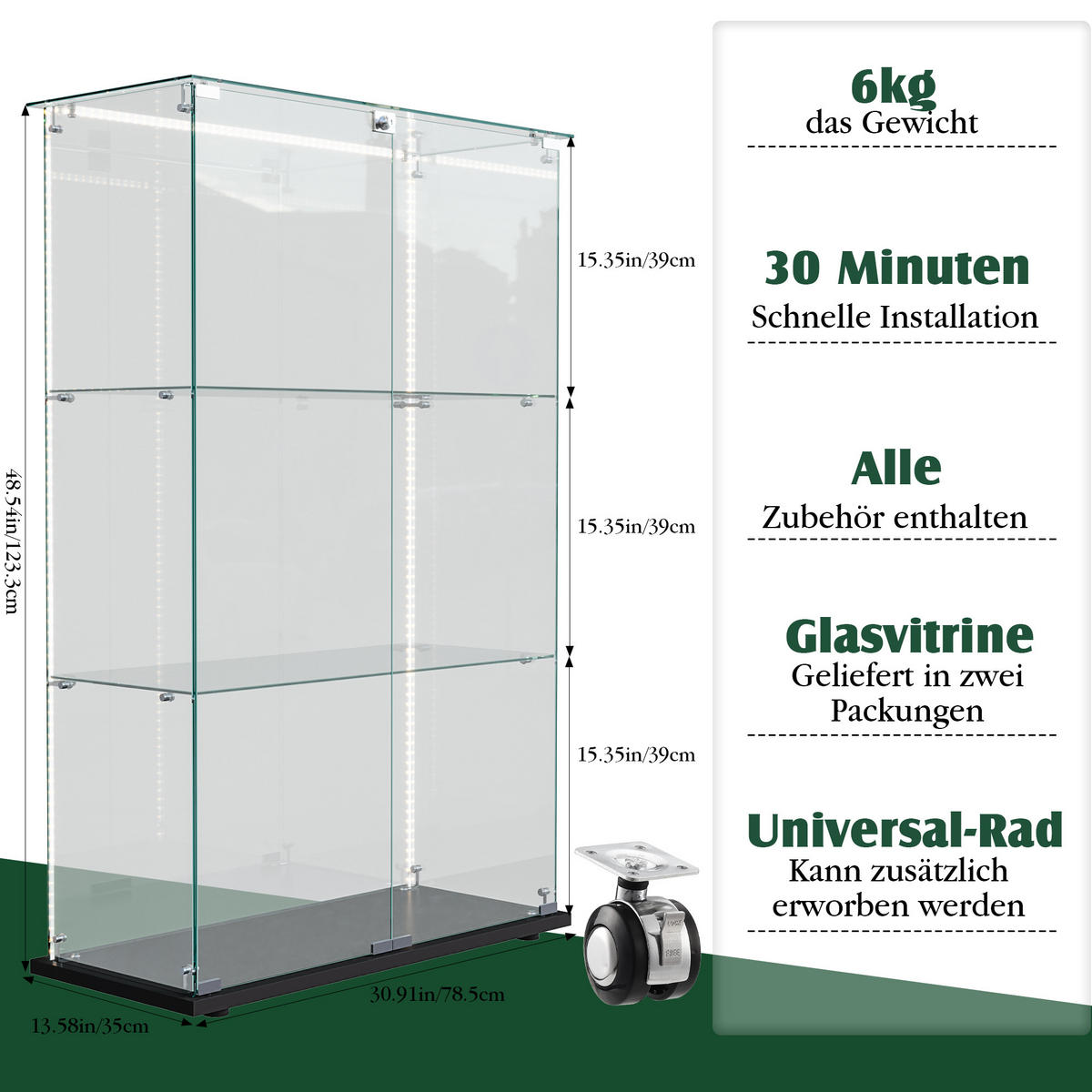 GLASVITRINE, stehend mit 3 Einlegeböden, LED-Lichtleiste, Doppeltür mit Sicherheitsschloss in Schwarz - Schwarz, Glas (35/123.3/78.5cm) - BRILVERDE