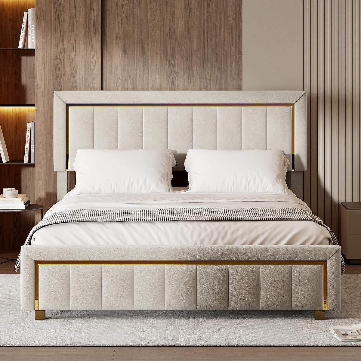 POLSTERBETT 140x190 cm Stauraum Lattenrost Samt Golddekor beige - Beige, Holz (140/190cm) - LEBENLANG