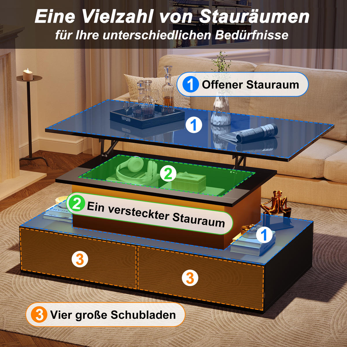 COUCHTISCH DE-206 Schwarz mit LED-Beleuchtung - Schwarz, Holzwerkstoff (55/90/41cm) - ComfortXL