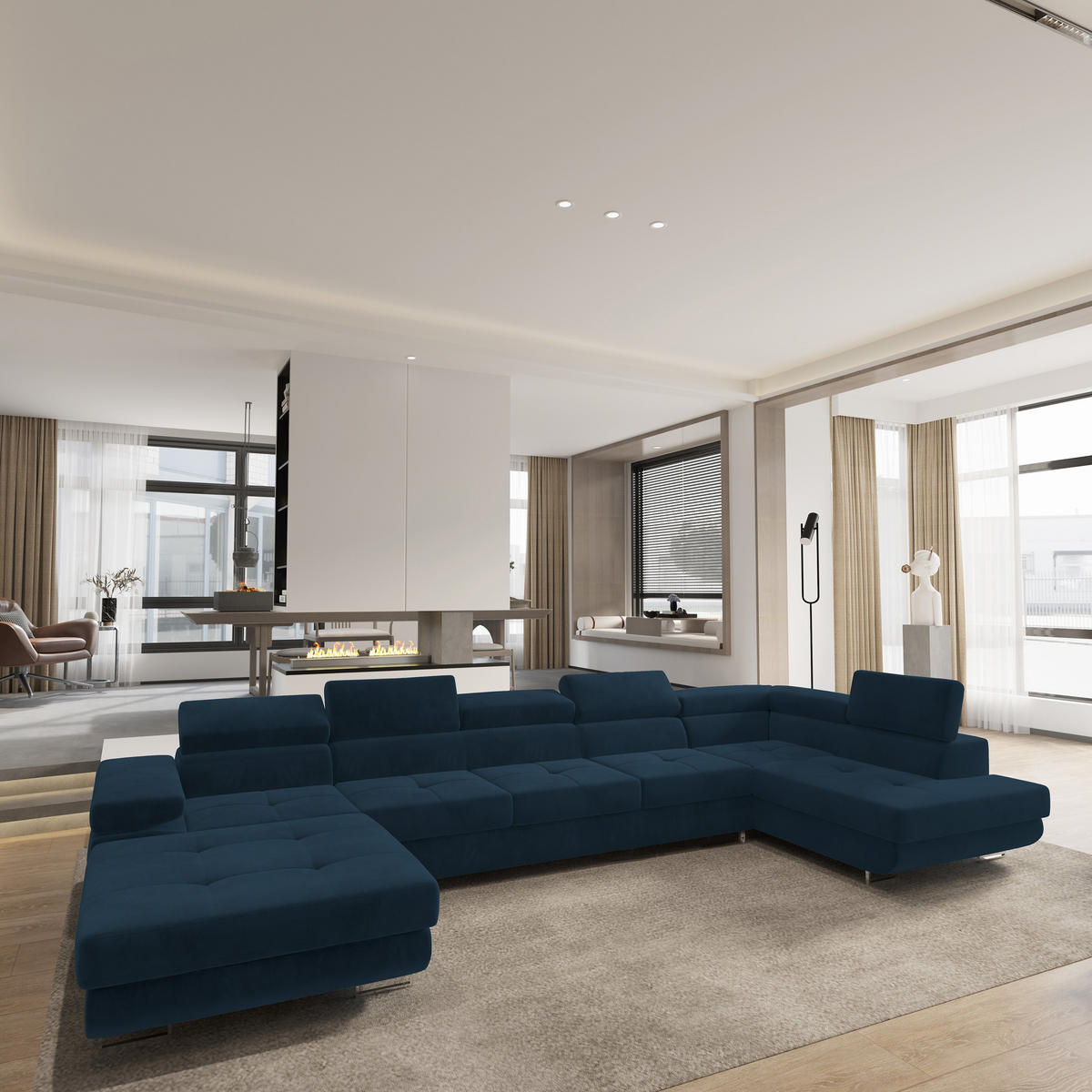 WOHNLANDSCHAFT TORIVA R-S Blau Velours-Stoff mit Schlaffunktion - Blau, Holz (418/90/202cm) - MASSENO