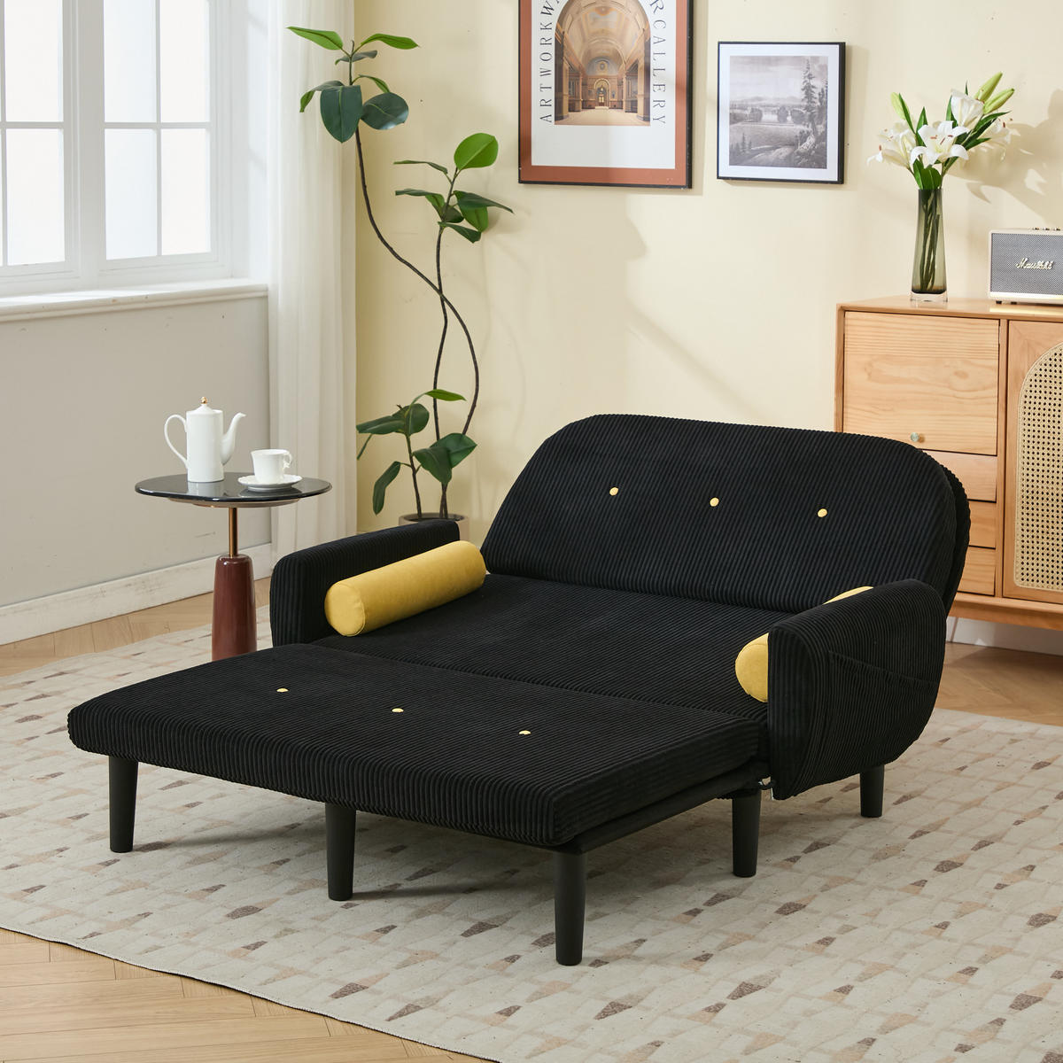 2-SITZER SCHLAFSOFA Cord Schwarz mit Kissen - Schwarz, Kunststoff/Textil (133.5/85/77cm) - WISHDOR