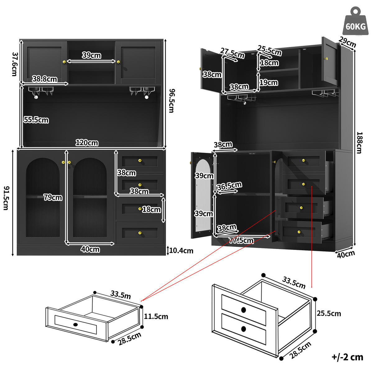 BUFFETSCHRANK Kombi Schwarz 120/40/188 cm - Schwarz, Holz (120/188/40cm) - PANGIVO
