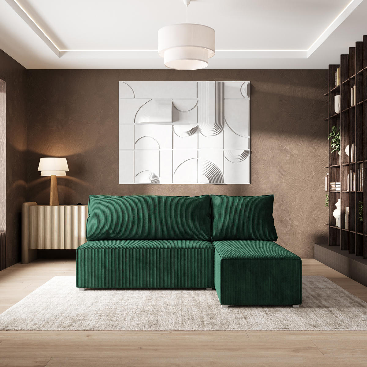 ECKSOFA BRISO P Grün Kordstoff mit Schlaffunktion - Grau/Grün, Holz/Kunststoff (200/140cm) - MASSENO