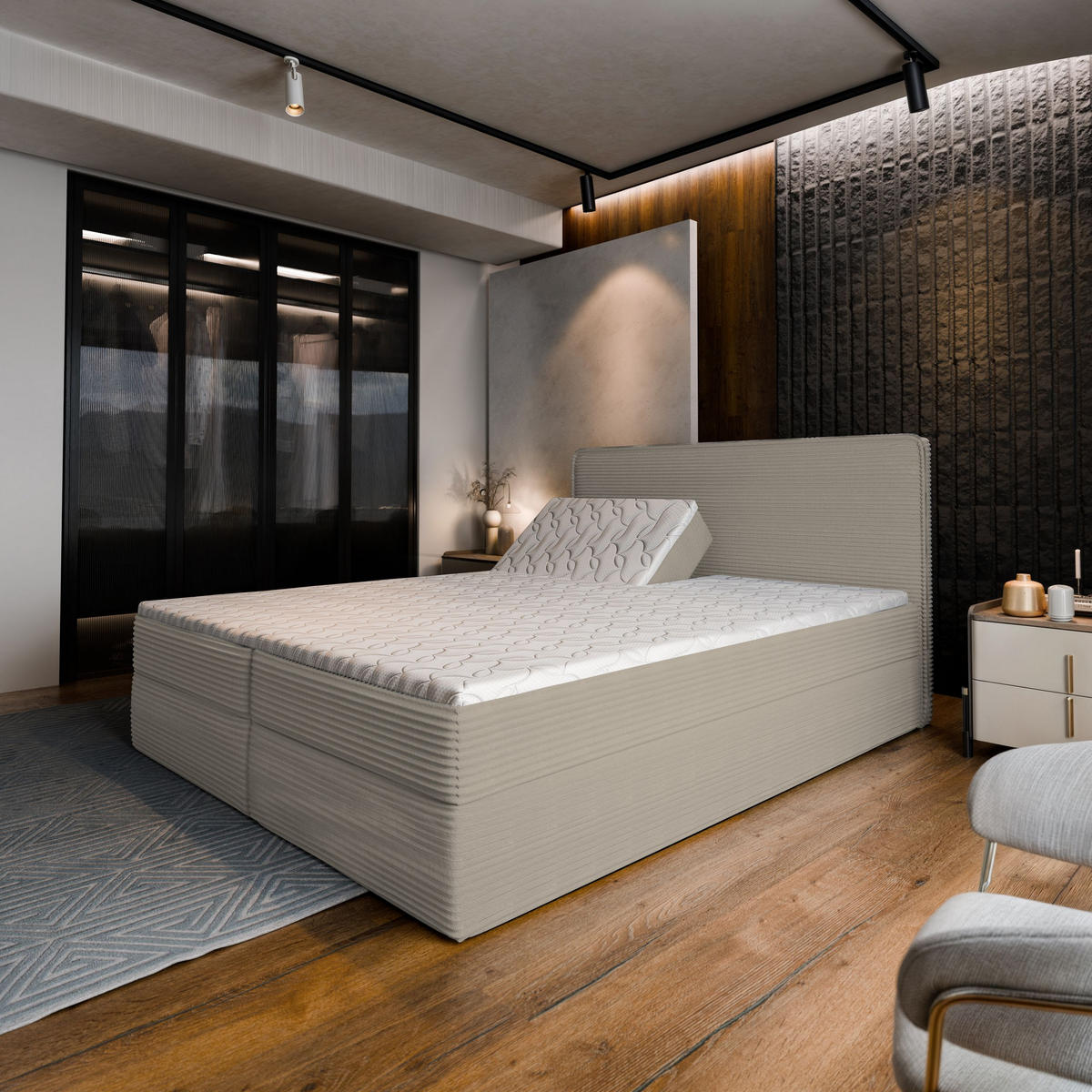 BOXBETT ASTOR 140x200 cm mit Matratze und Topper - Beige - Beige, Holz (140/200cm) - MASSENO