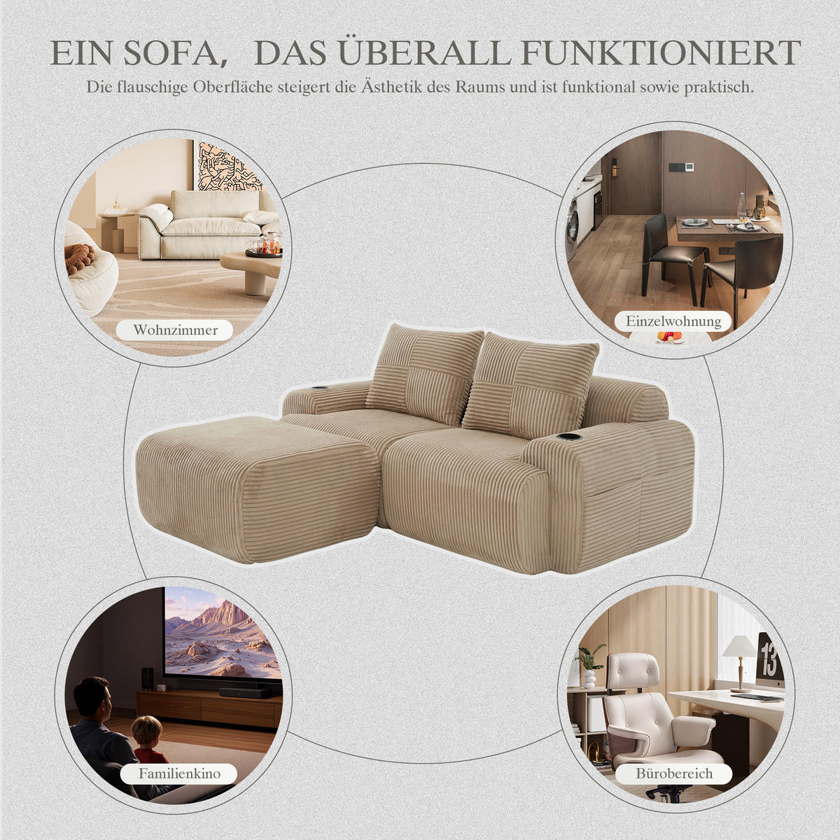 MODULARES 2-Sitzer Sofa Cord mit Getränkehalter und Seitentasche 200/174/80 cm Sandfarben - Sandfarben, Textil (174/200cm) - Redom