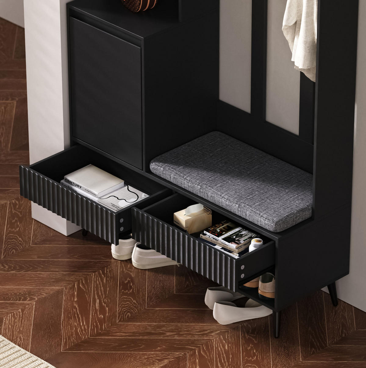 GARDEROBENSET 100/35/180 cm mit Sitzbank, 2 Schubladen, Schrank und 4 Haken aus MDF, Schwarz - Schwarz, Holzwerkstoff (100/180/35cm) - Redom