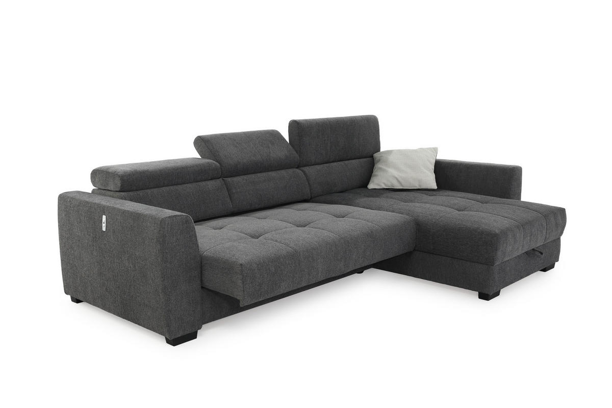 ECKSOFA mit elektrischer Sitztiefenverstellung, Kopflehnen verstellbar, USB-Ladefunktion, Bettkasten B300/T196/H103 cm, Chenille Dunkelgrau / 15409 - Dunkelgrau/Schwarz, Kunststoff/Textil (300/196cm) - luma-home