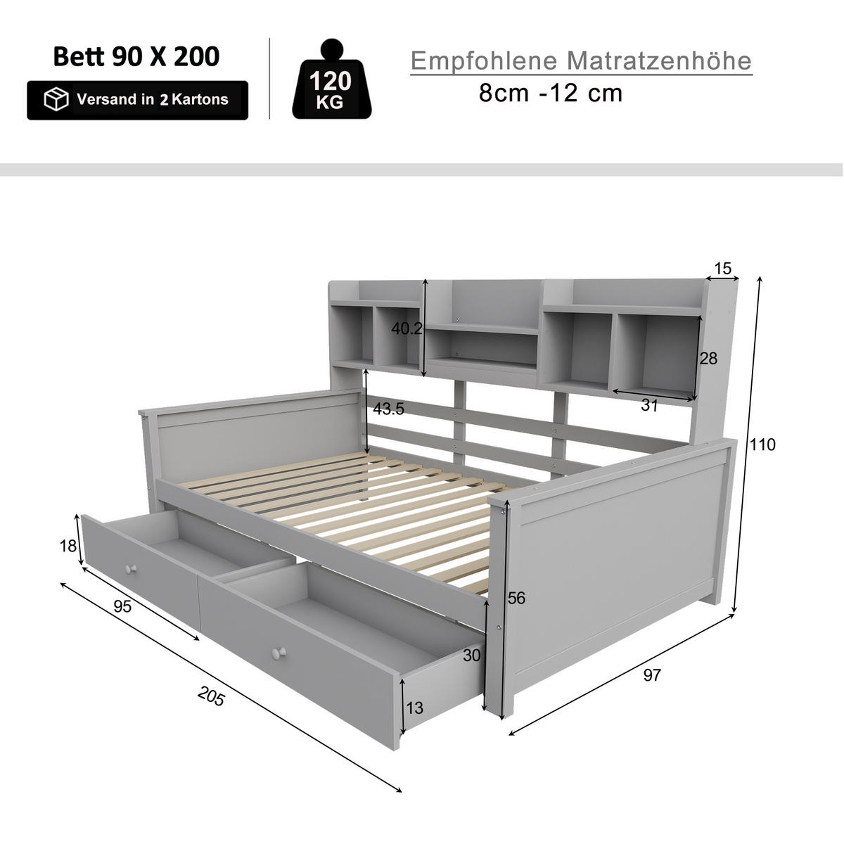 MULTIFUNKTIONSBETT 90/200 cm grau aus Massivholz mit Schubladen und Regalfächern - Grau, Holzwerkstoff (90/200cm) - OKWISH
