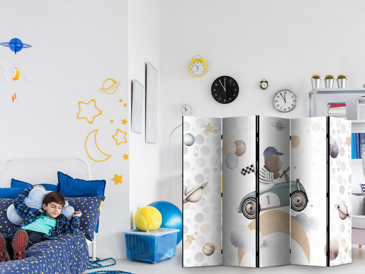 PARAVENT Beidseitig Bedruckter 5-tlg 225x172 cm Teddybär im Auto - Multicolor, Holz/Textil (225/172/3cm) - Muralo