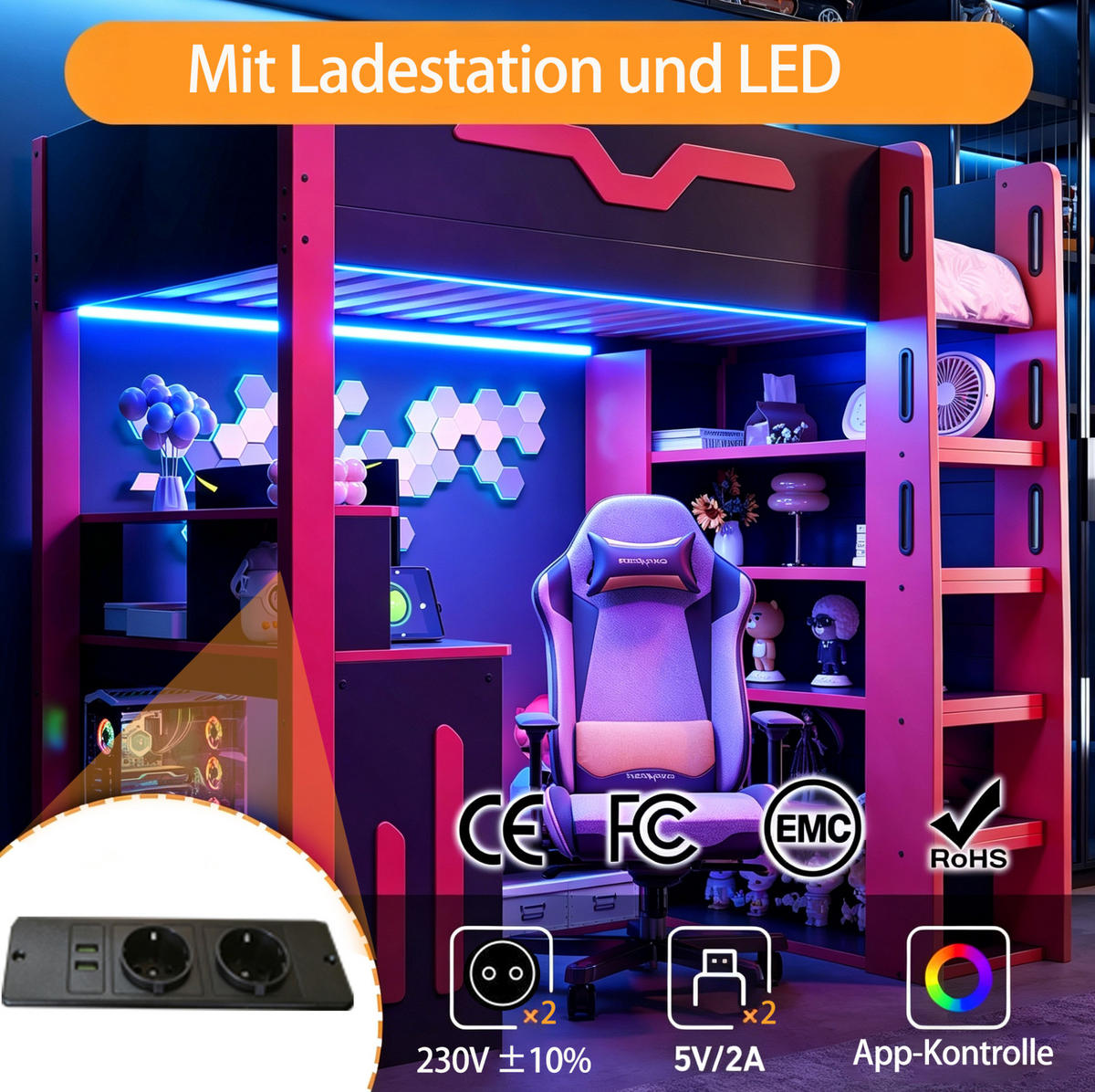 HOCHBETT 90/200 cm Schwarz/Rot mit Schreibtisch und LED-Beleuchtung - Schwarz, Holz (90/200cm) - MIVRAY