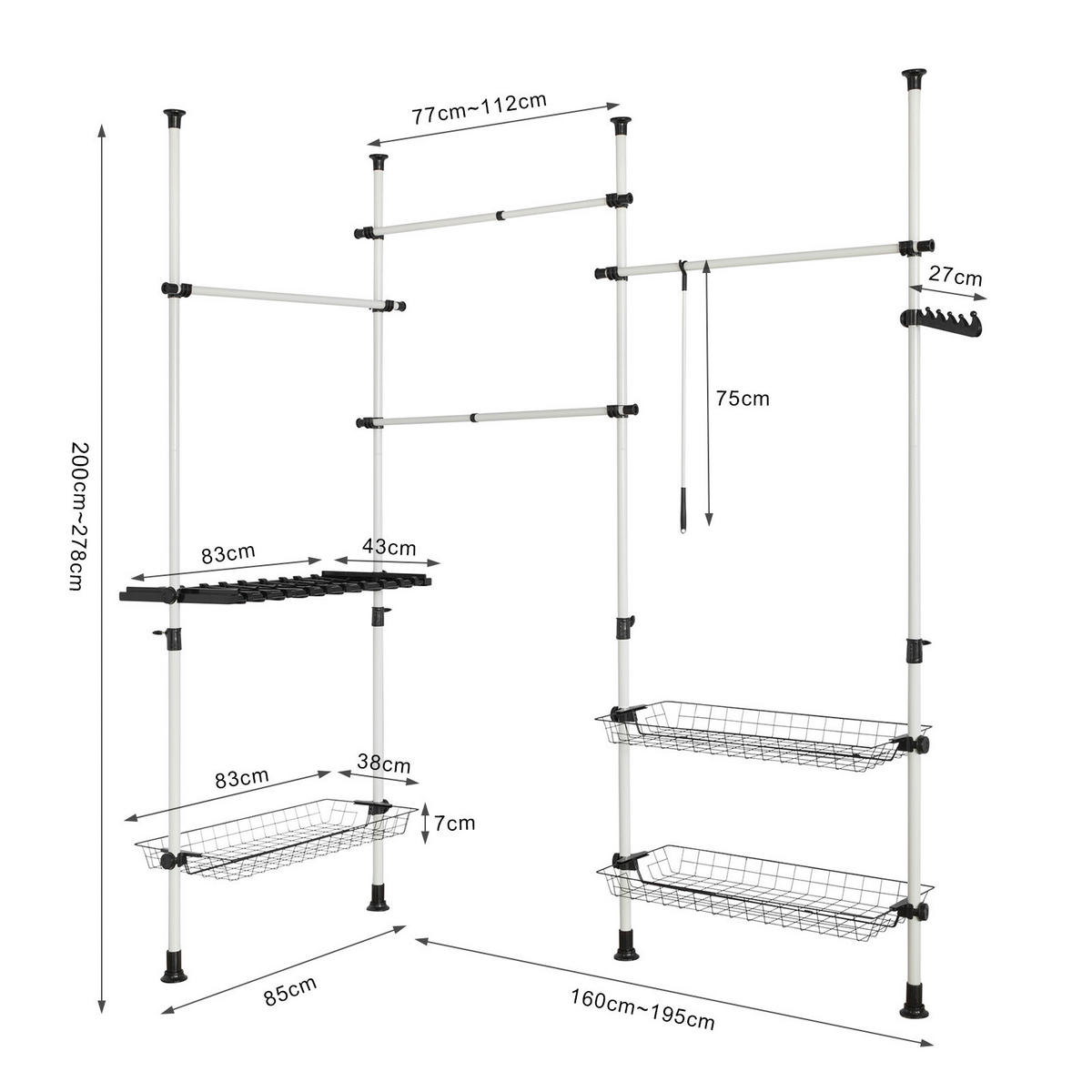 TELESKOP GARDEROBEN SYSTEM - Weiß, Kunststoff (195/278/1cm) - SoBuy