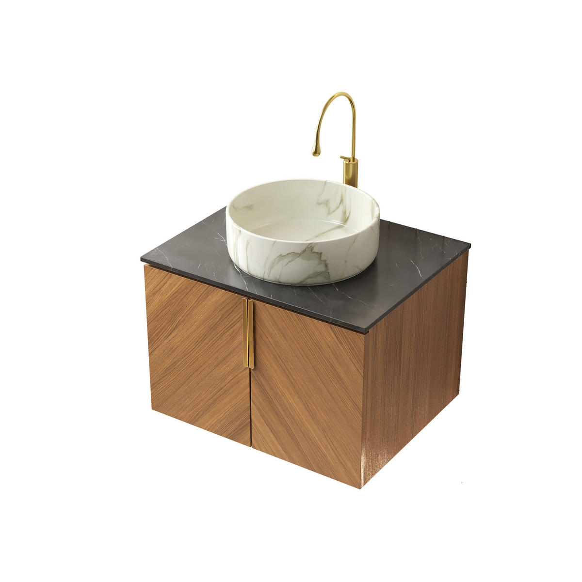 WASCHTISCH mit 2 Türen 61 cm Black Brown Oak Stone White - Naturfarben, Holzwerkstoff (50/53.1/61cm) - Beauniv