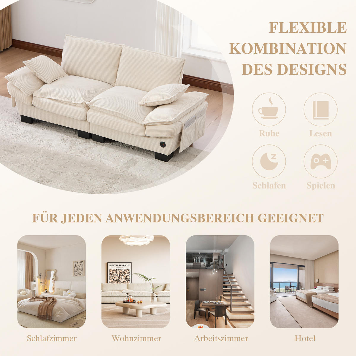 2-SITZER SOFA Cord Beige mit USB-C und Seitentaschen - Beige, Holzwerkstoff/Kunststoff (190/84/73cm) - WISHDOR