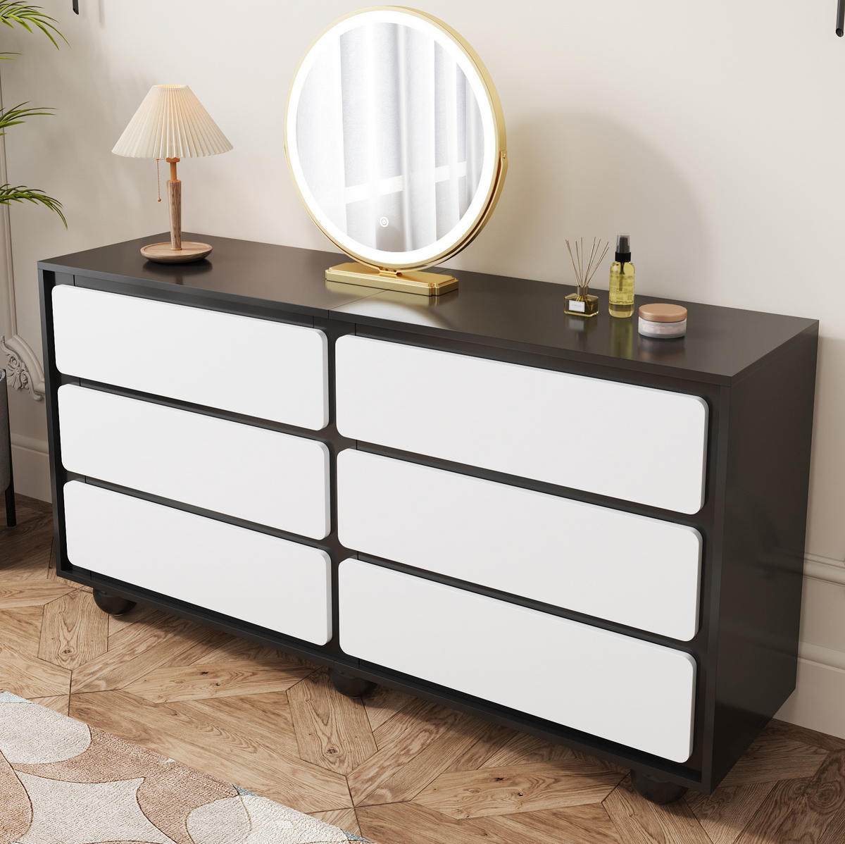 SIDEBOARD 140/38/74,5 cm in Weiß/Schwarz mit 6 Schubladen - Weiß, Holzwerkstoff (140/74.5/38cm) - Flora Grace