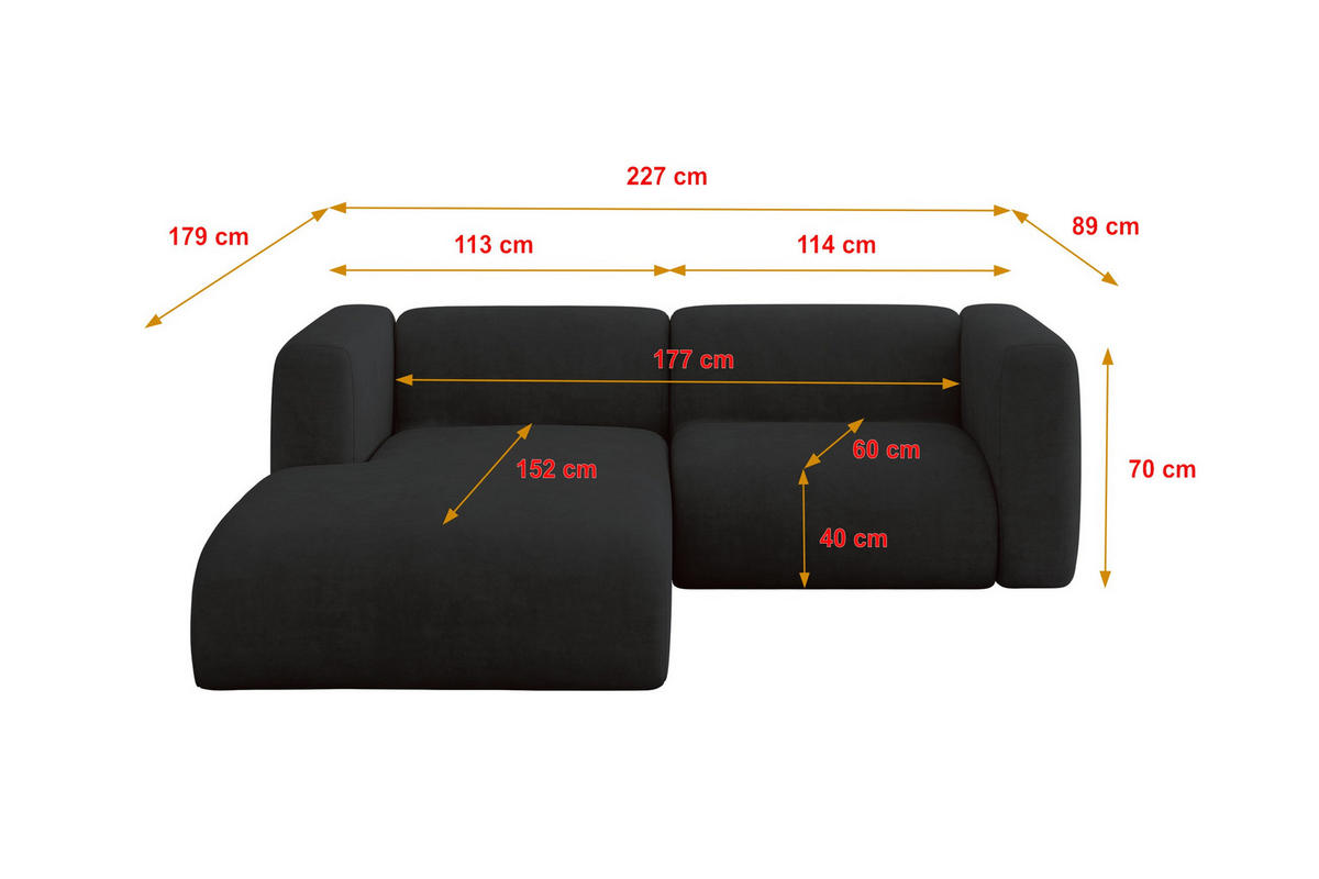 ECKSOFA Ottomane Links MIRA-L1 227x179x89 Schwarz Velours - Anthrazit/Schwarz, Holzwerkstoff/Kunststoff (227/179cm) - ALTDECOR