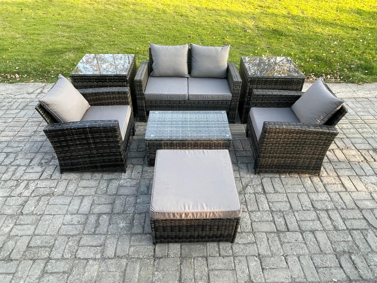 GARTENSOFA SET mit Couchtisch Polyrattan Dunkelgrau 5-Sitzer - Dunkelgrau, Metall - Fimous