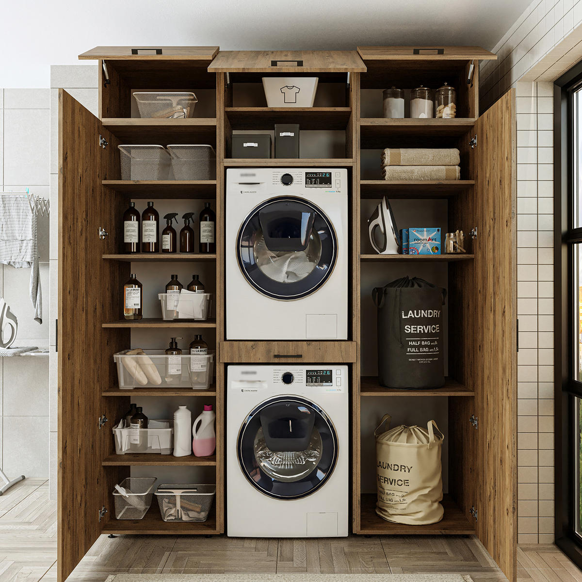 WASCHMASCHINENSCHRANK DUO-I 187cm Breit, 240cm Hoch - Eichefarben, Holzwerkstoff (187/240/67cm)