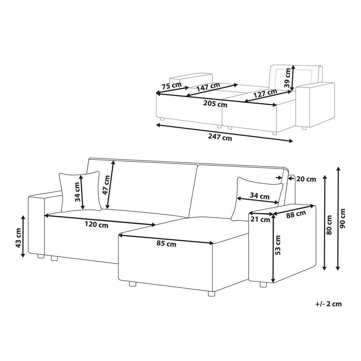 2-SITZER-ECKSOFA Cord graphitgrau rechtsseitig mit Schlaffunktion Abacka - Schwarz/Grau, Textil (247/147cm) - Beliani