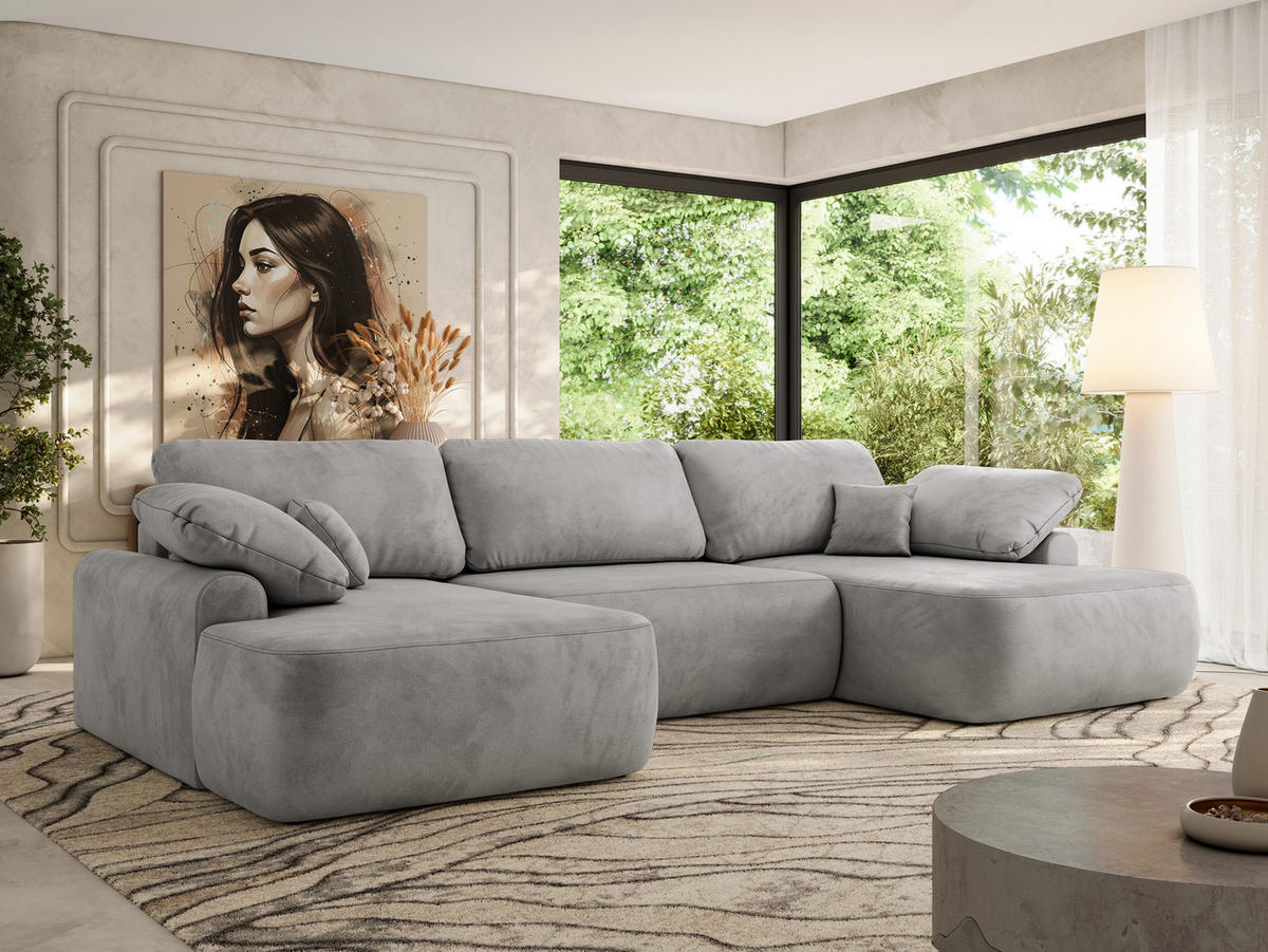 WOHNLANDSCHAFT CUBO U Hellgrau Velvet - Hellgrau/Schwarz, Kunststoff/Textil (370/100/187cm) - MKS