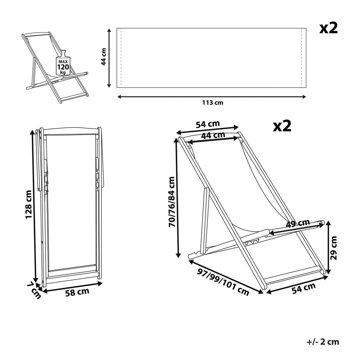 GARTENLIEGE 2er-Set hellbraun Textil weiß/mehrfarbig Tukanmotiv Anzio - Hellbraun/Multicolor, Textil (54/70/97cm) - Beliani