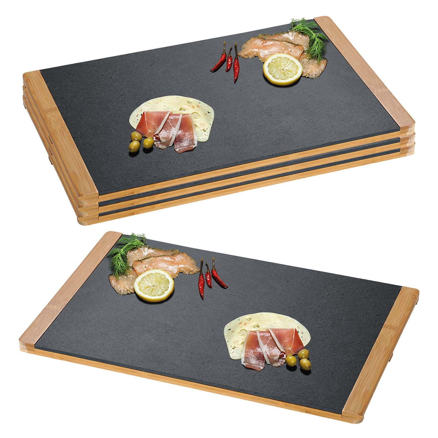 BUFFETPLATTEN, Schiefer mit Bambusrahmen, 4 Stück - 45 x 30cm - Schwarz, Stein (30/1.5/45cm)