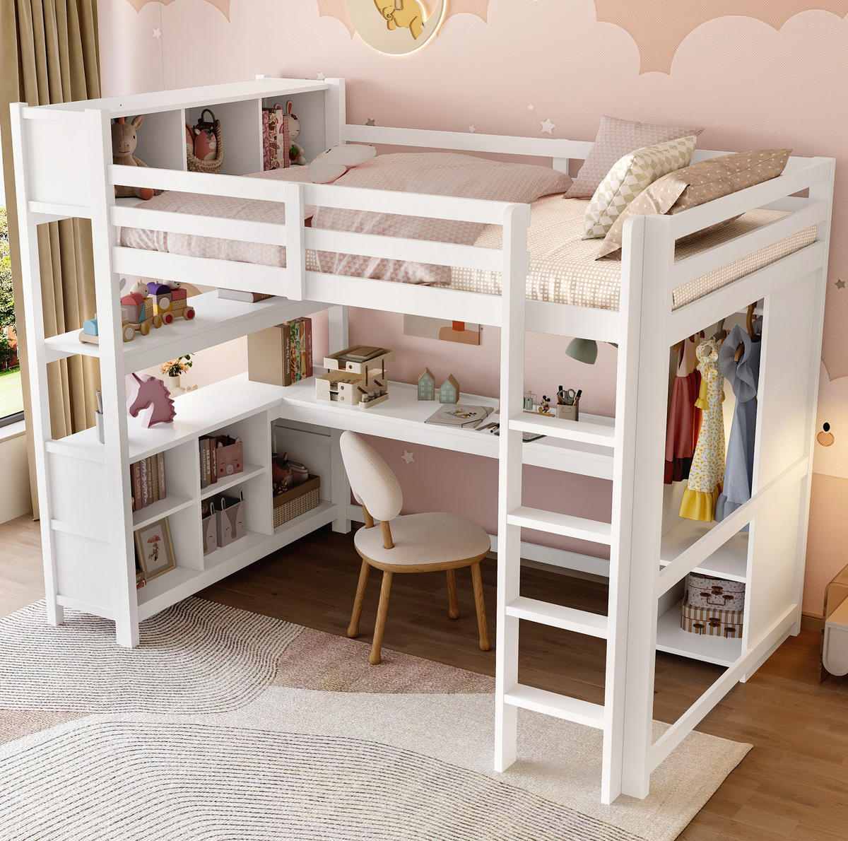 HOCHBETT 140/200 cm, Weiß mit Schreibtisch, Regalen und Kleiderschrank - Weiß, Holz (140/200cm) - MIVRAY