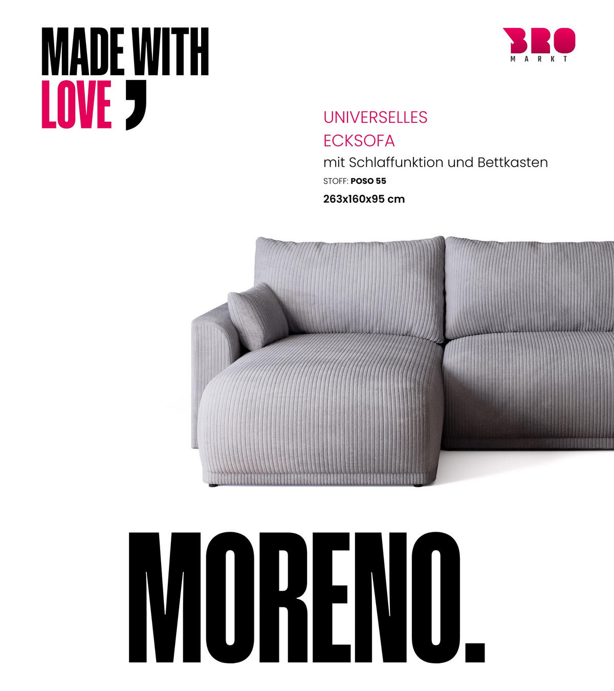 ECKSOFA MORENO mit Schlaffunktion Hellgrau Cord - Hellgrau, Textil (262/160cm) - Bromarkt