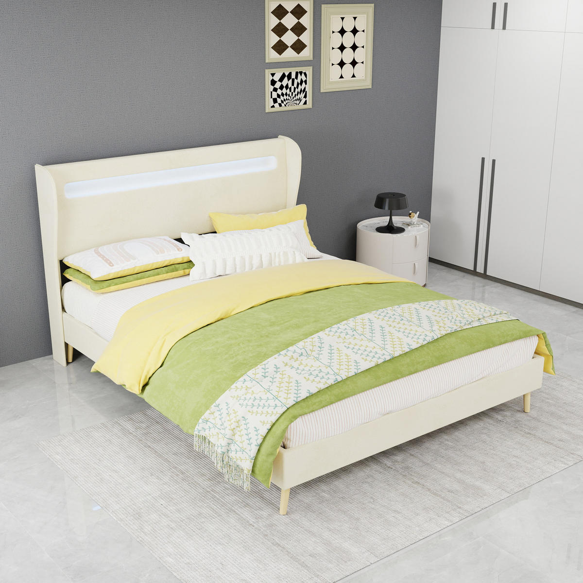 POLSTERBETT 140/200 cm DE-32987 mit LED-Kopfteil und Matratze Beige - Beige, Metall (140/200cm) - ComfortXL