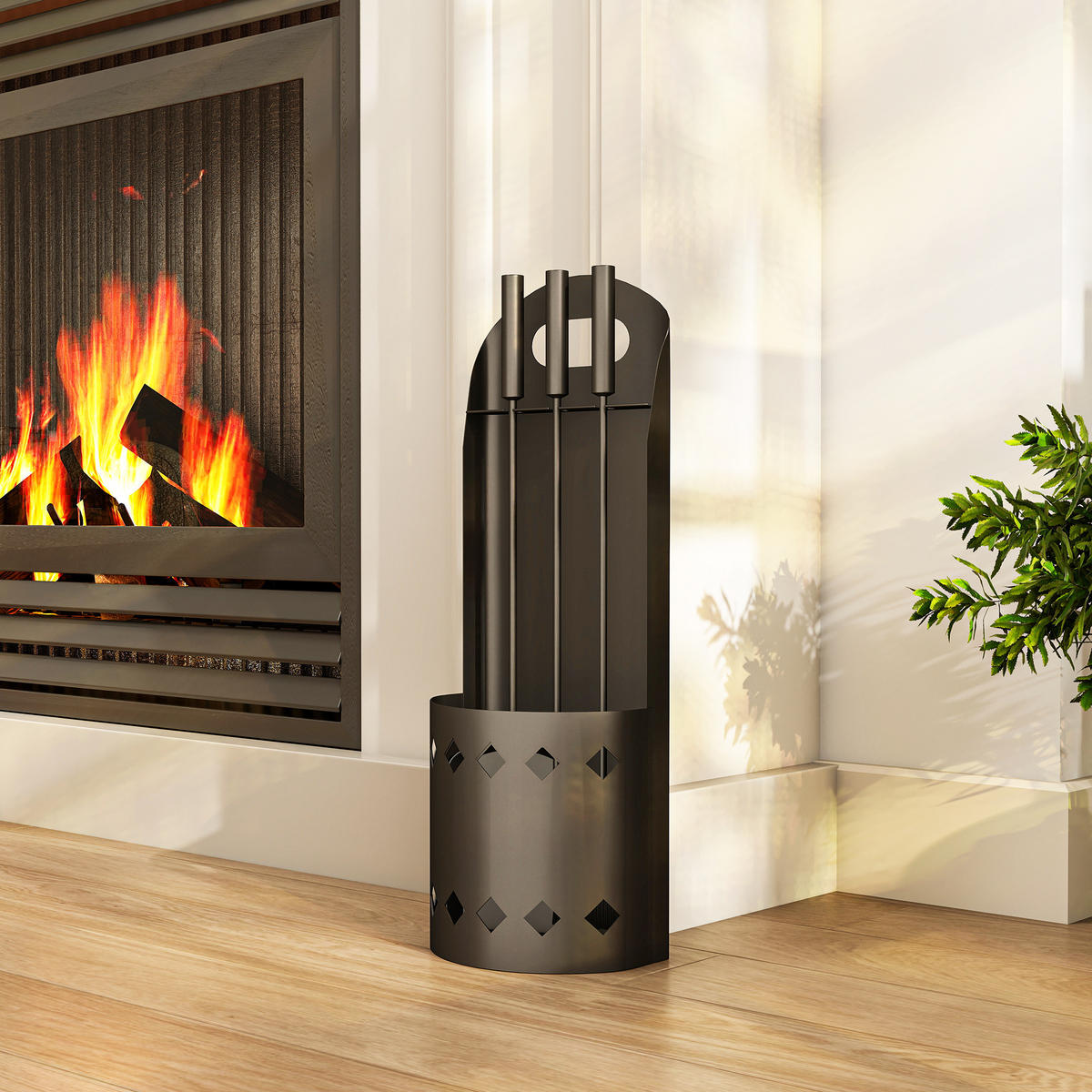 KAMINWERKZEUGSET 4tlg. DE-13816 mit Besen & Schürhaken Schwarz - Schwarz, Metall (20/57/14cm) - ComfortXL