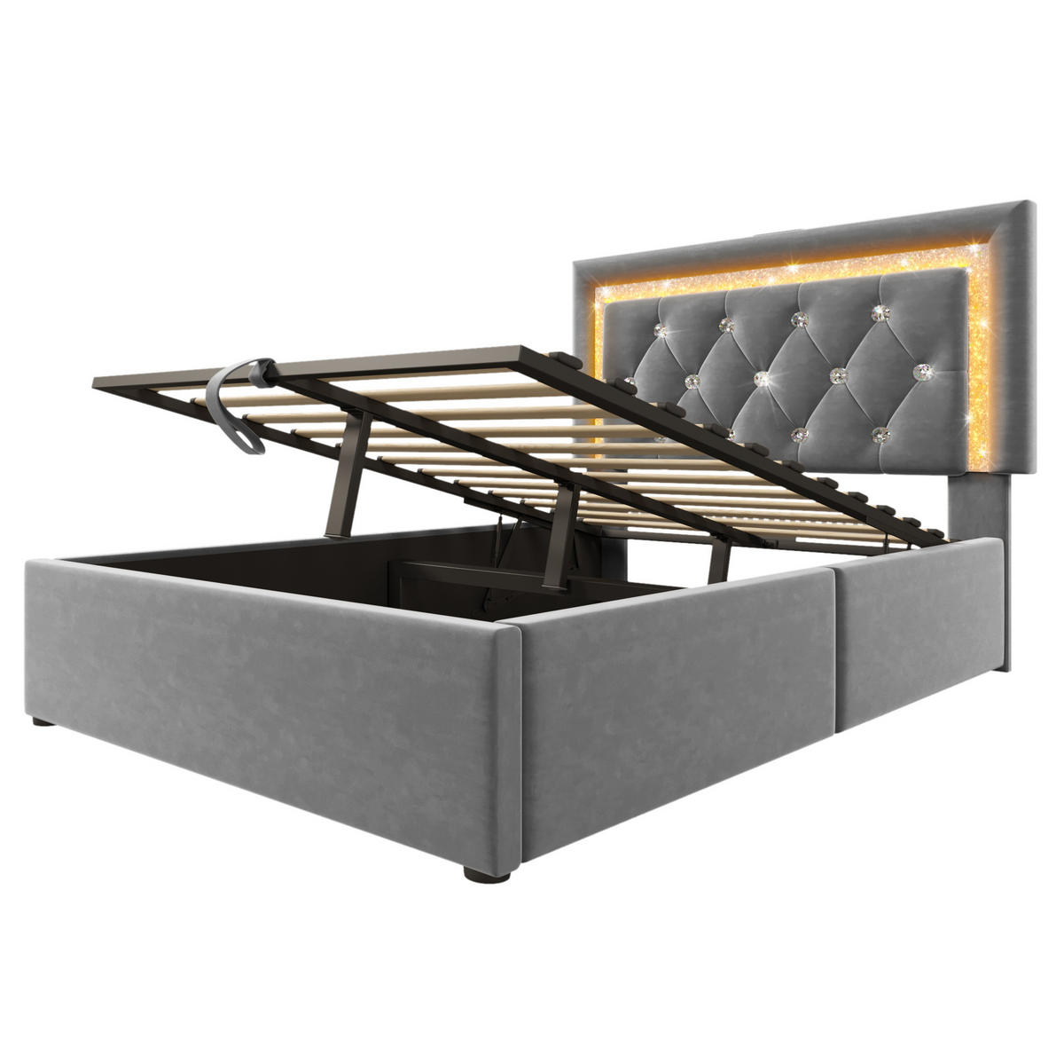 POLSTERBETT 90/200 cm Grau aus Samt mit LED und USB- & Type-C-Anschlüssen - Grau, Textil (90/200cm) - Flora Grace