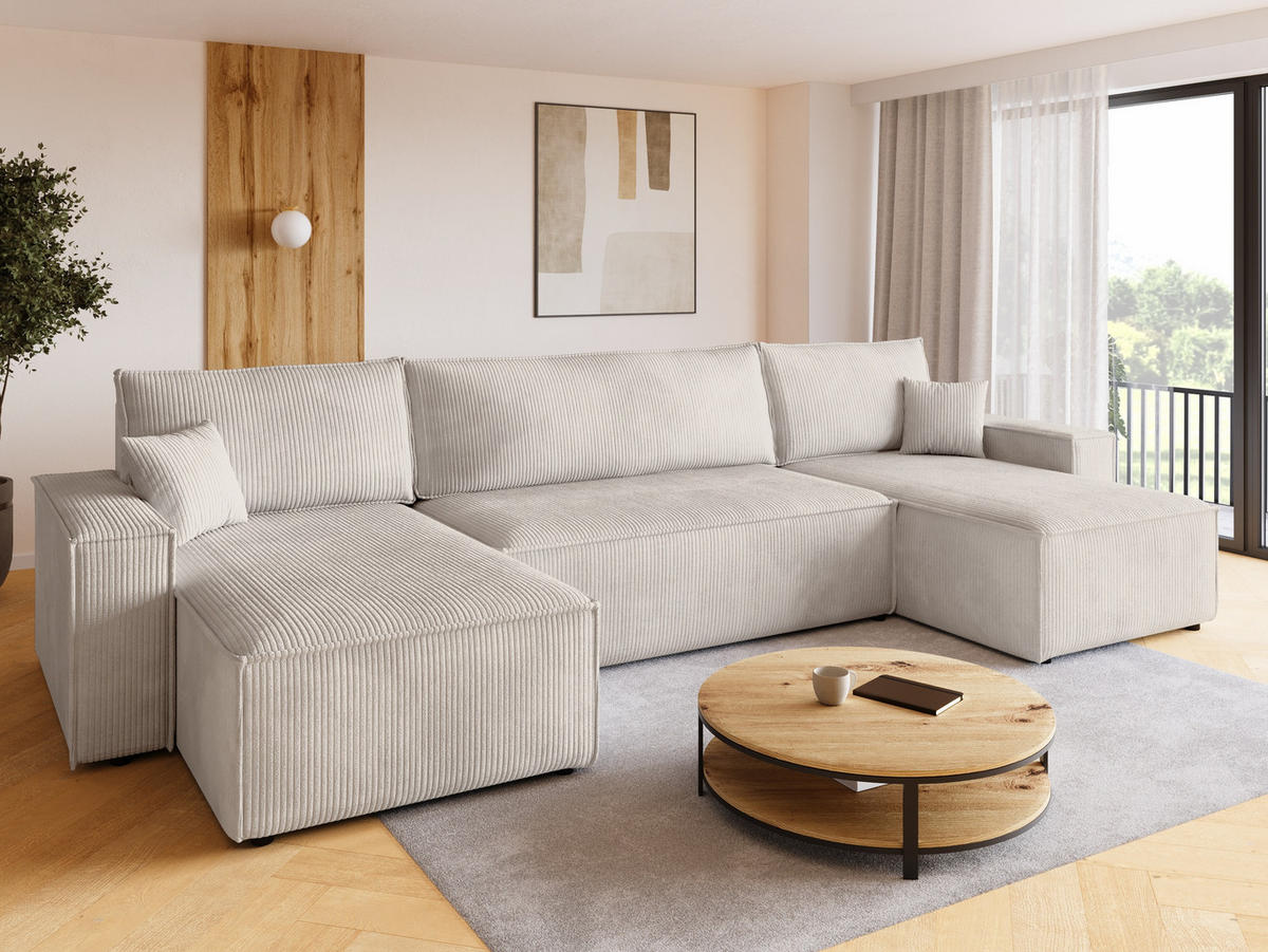 WOHNLANDSCHAFT ADI U mit Schlaffunktion Cordstoff Creme - Creme, Textil (312/85/143cm) - Bromarkt