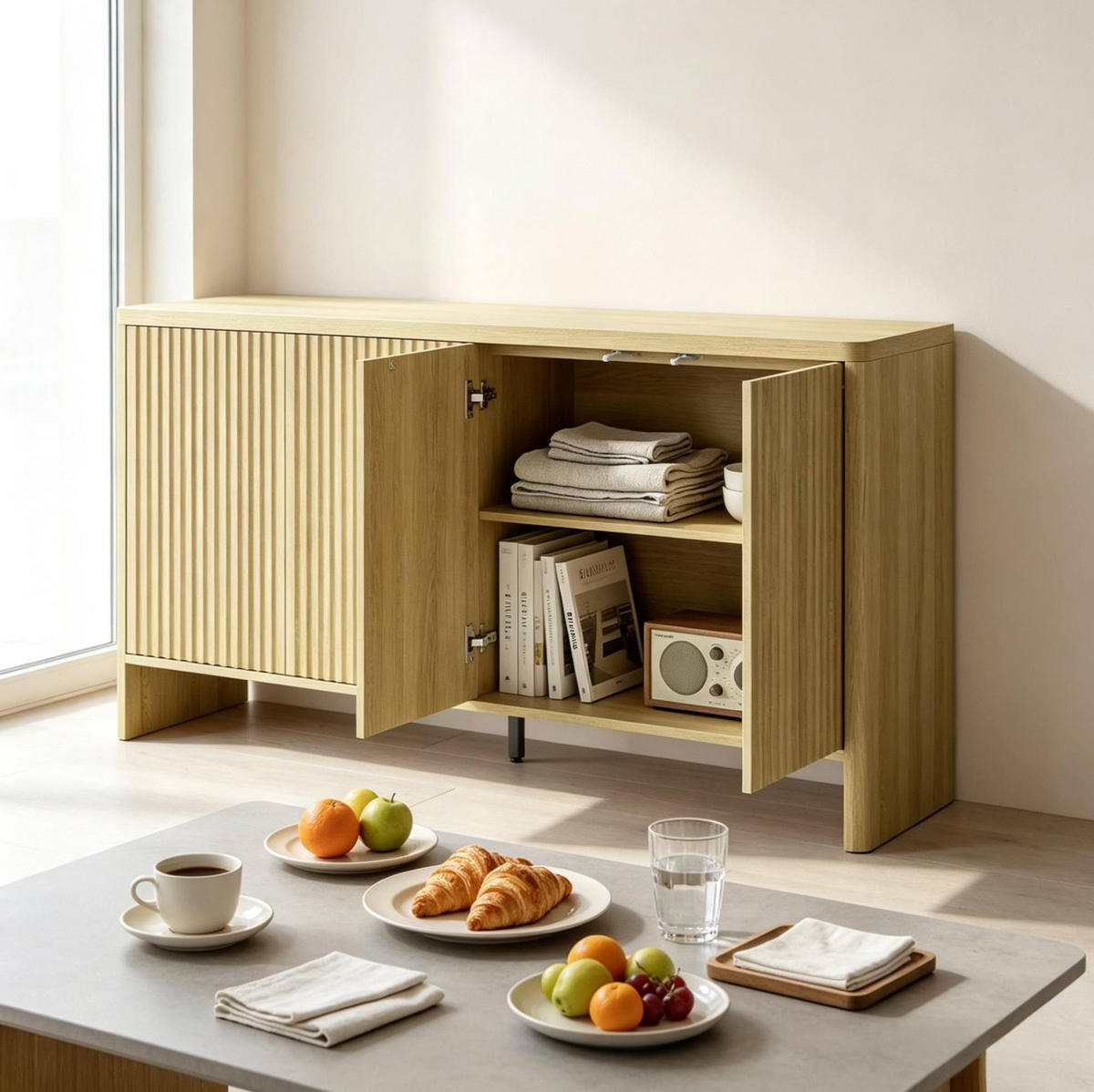 SIDEBOARD in Eiche-Optik 147x40x77 cm mit 4 Türen und verstellbaren Einlegeböden - Eichefarben, Holzwerkstoff (40/77/147cm) - IVMEU