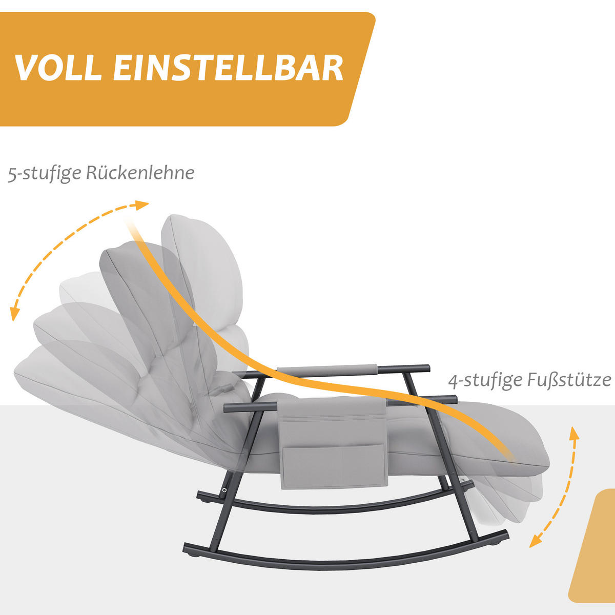 SCHAUKELSTUHL Sessel Relaxsessel mit Fußstütze, Schaukelsessel mit Seitentasche - Grau, Kunststoff (134/70/60cm) - HOMCOM
