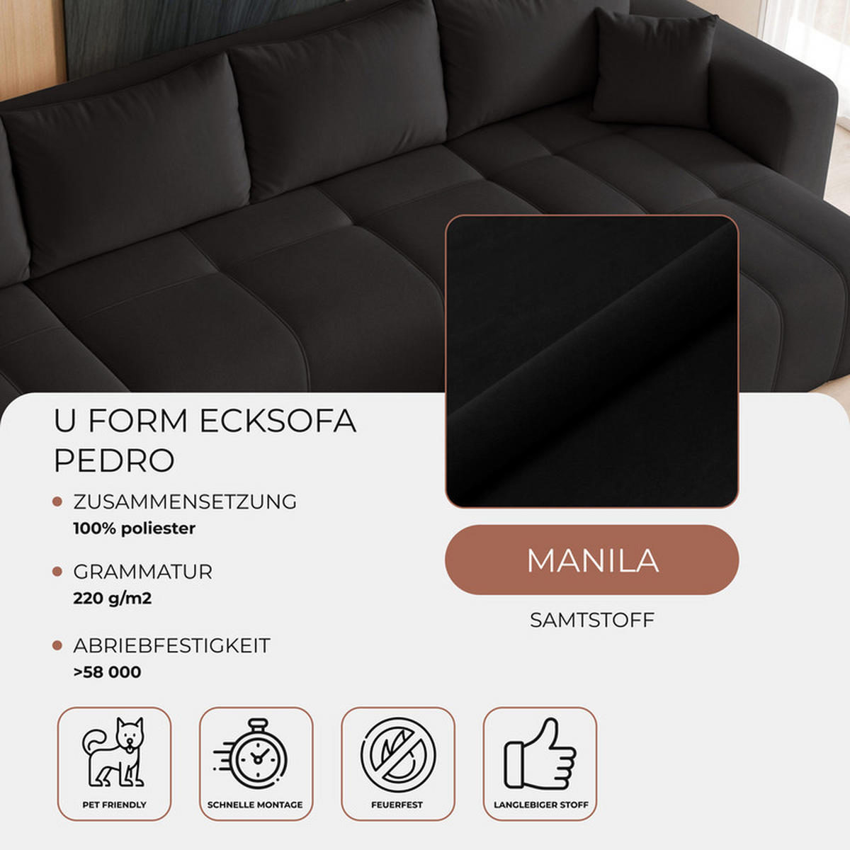 WOHNLANDSCHAFT U-Form Velours mit Bettkasten und Schlaffunktion - Anthrazit, Holzwerkstoff/Kunststoff (318/79/145cm) - Idohome
