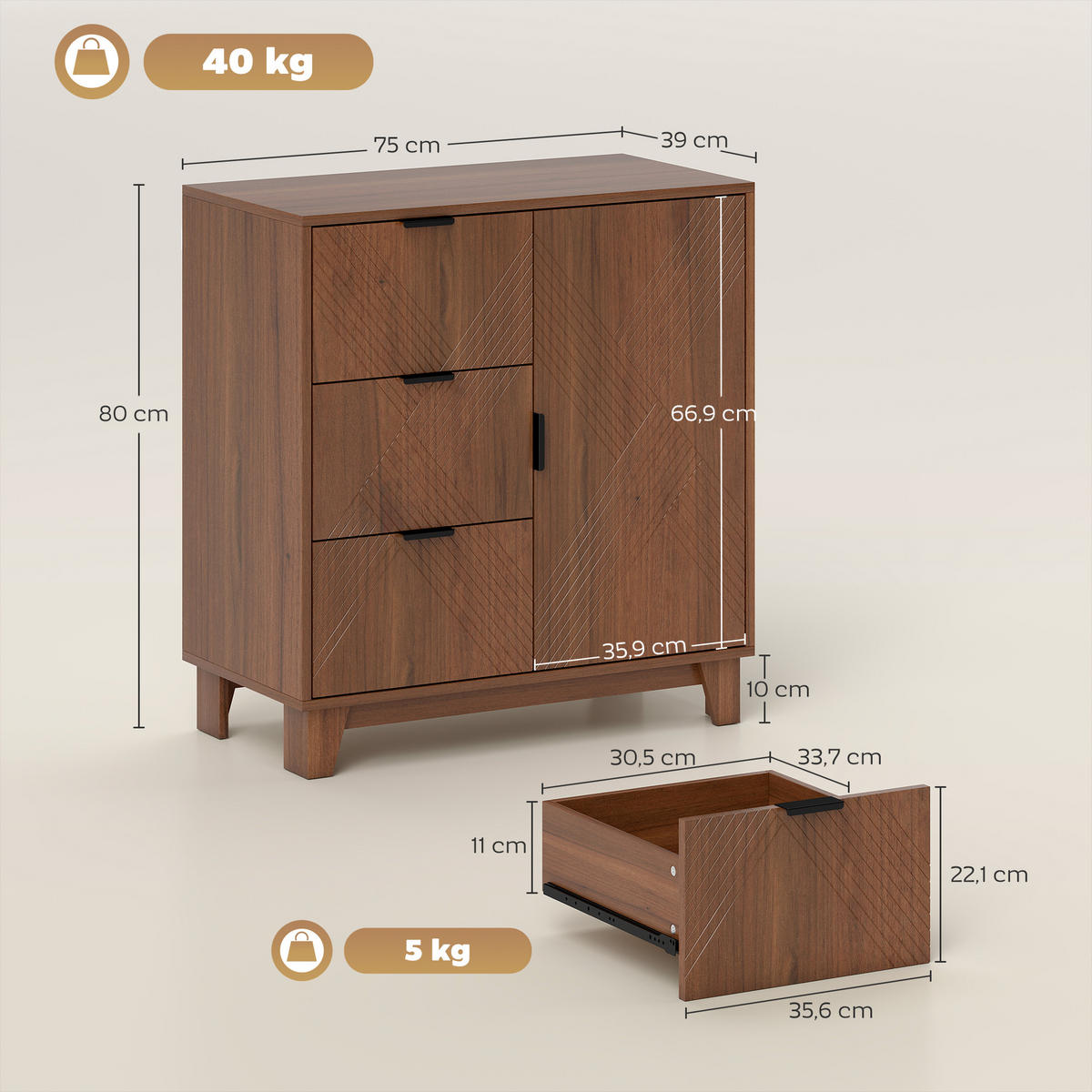 SIDEBOARD DE-11269 3 Schubladen Holzoptik Braun - Braun, Holzwerkstoff (75/80/39cm) - ComfortXL