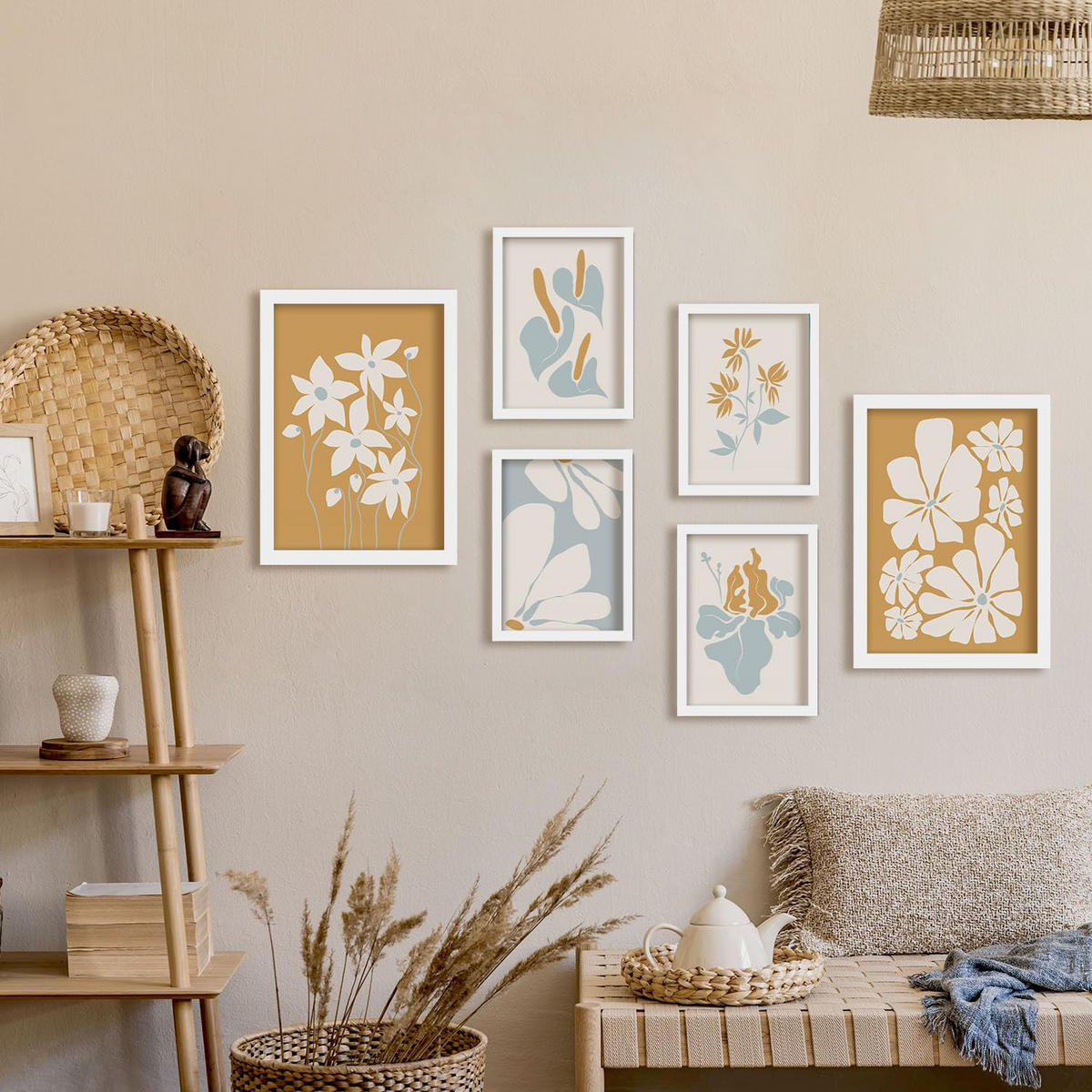 POSTER Set Mit 6 Blumenrahmen 2 In Blume Zusammenfassung Ästhetische Dekorative Gemälde Für Ihr Wohnzimmer Schlafzimmer Zuhause A3 & A4 Weißer Rahmen - Weiß, Papier (29/3cm) - Nacnic